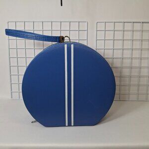 Vintage Travel Hat Box Round 1960s Suitcase Blue With 2 White Stripes